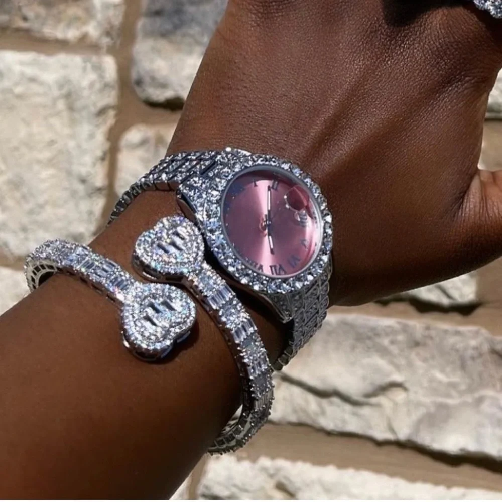 Silver and Pink Women's Watch and heart bracelet Set 7inch